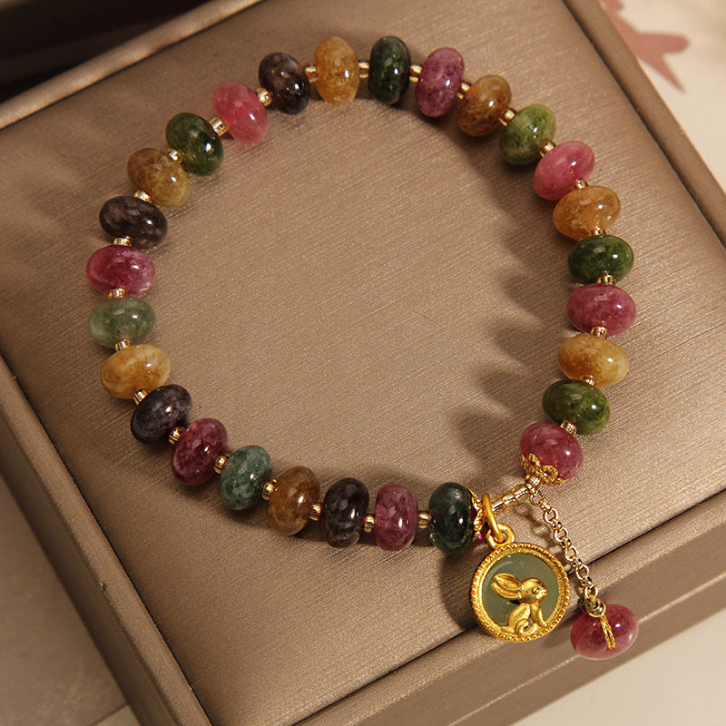 Natural Tourmaline Jade Bracelet with Rabbit Pendant – Multicolor Healing Crystal Jewelry