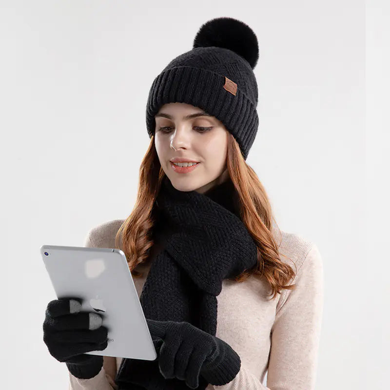 Women's Winter Knitted Wool Hat Scarf Glove Set (3 Pieces)
