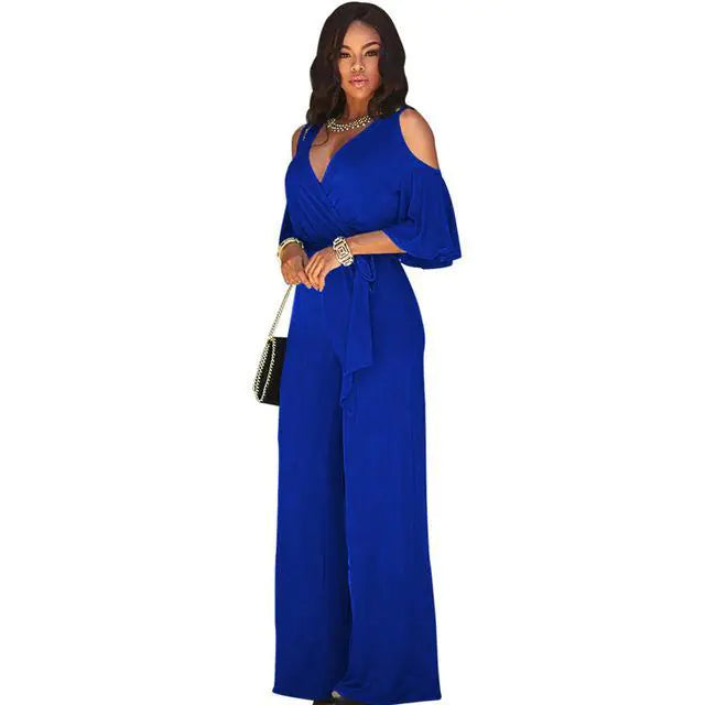 Solid Color Deep V Short Sleeve Jumpsuit with Belt