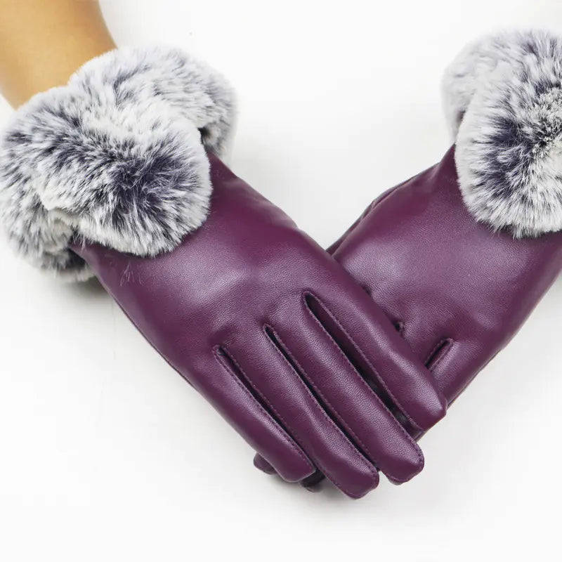 Fashionable Touchscreen Leather Gloves with Faux Fur Trim