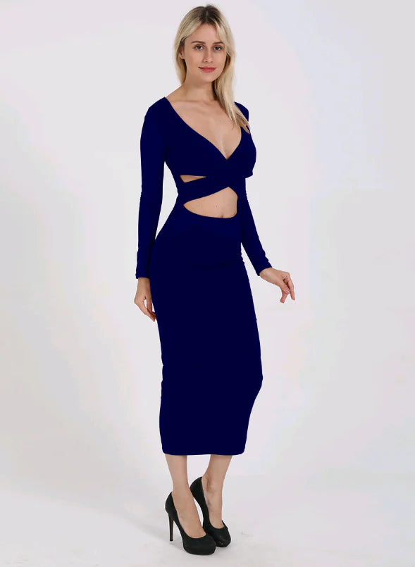 Sexy V-Neck Hollow Out Long Sleeve Bodycon Dress