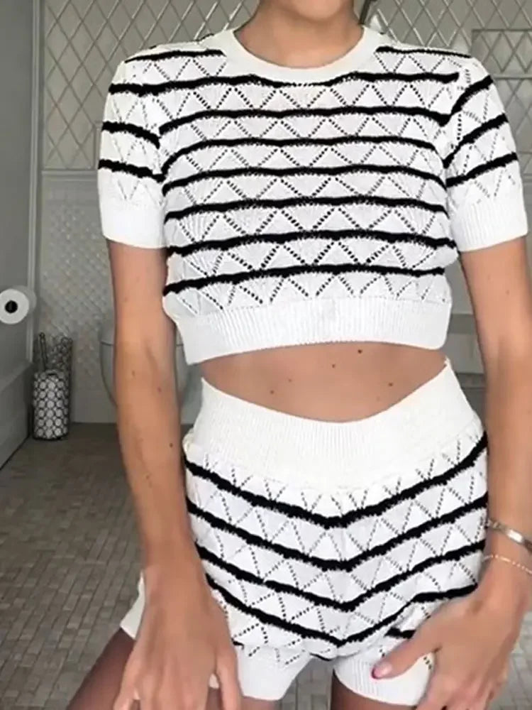 Striped Knitted Sleeveless Mini Dress & Cropped Top Set