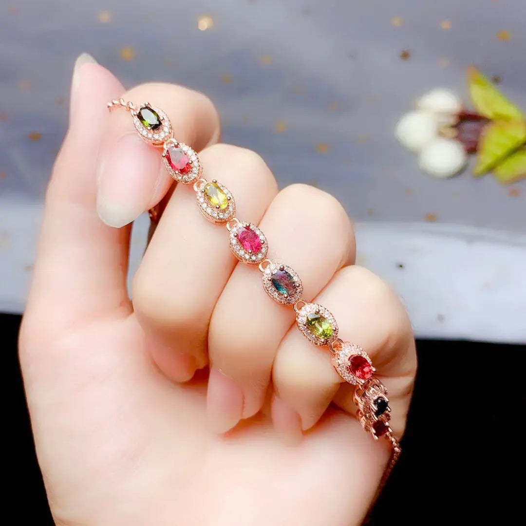 925 Sterling Silver Bracelet with Natural Tourmaline Inlay – Elegant Gemstone Jewelry for Women
