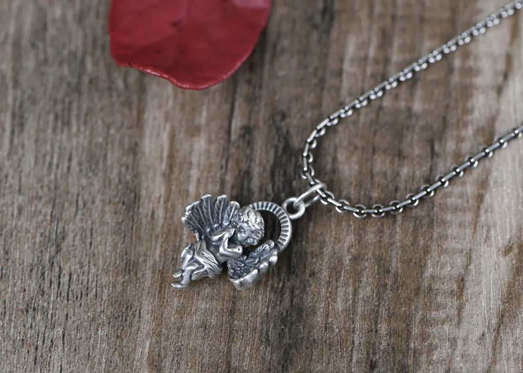 S925 Silver Vintage Angel Pendant Necklace for Women