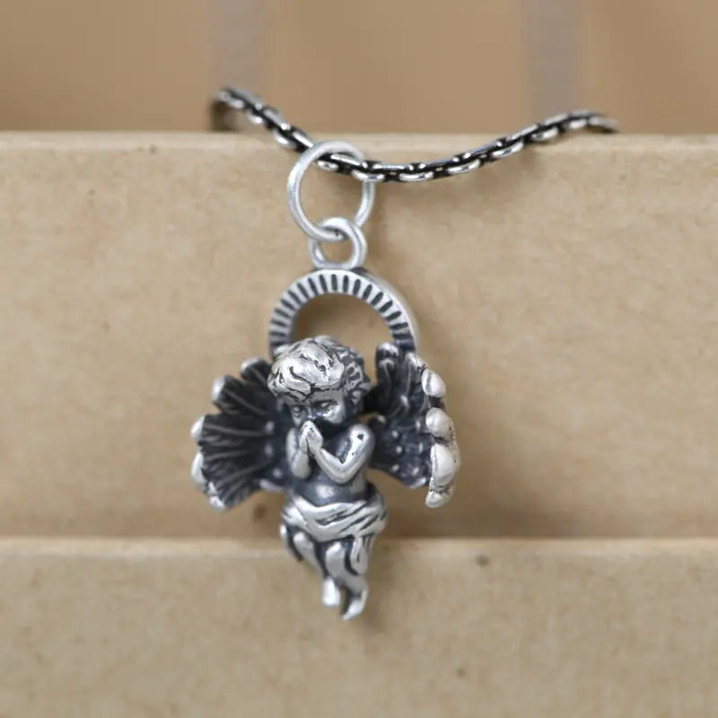 S925 Silver Vintage Angel Pendant Necklace for Women