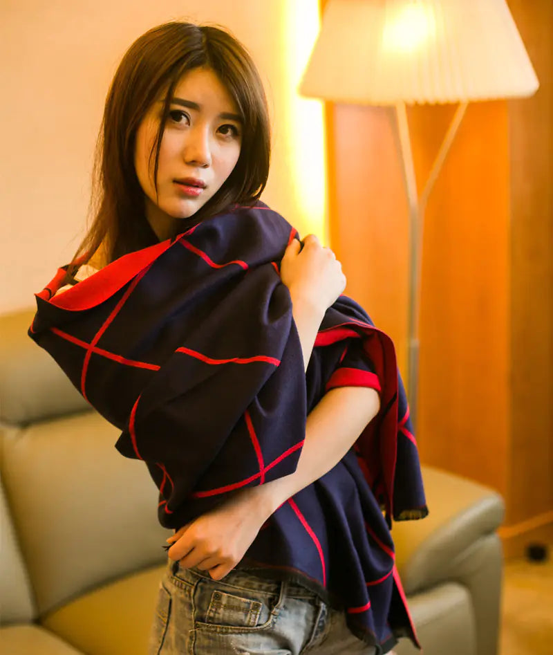 Plaid Cashmere-Feel Double-Sided Scarf/Shawl for Women