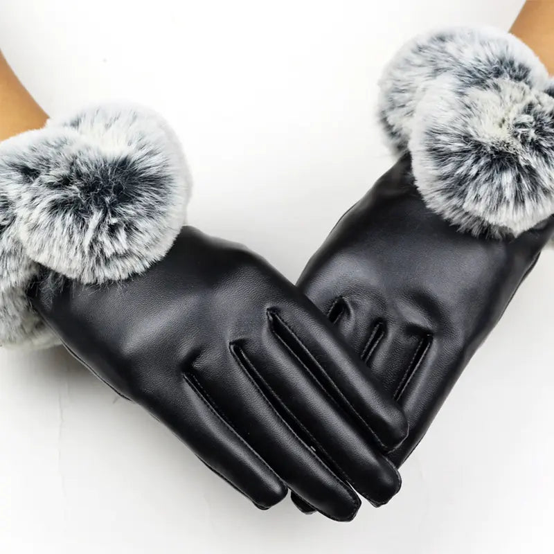 Fashionable Touchscreen Leather Gloves with Faux Fur Trim