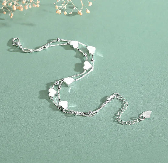 S925 Sterling Silver Double Layer Bracelet – Dainty Heart Charm Jewelry for Women