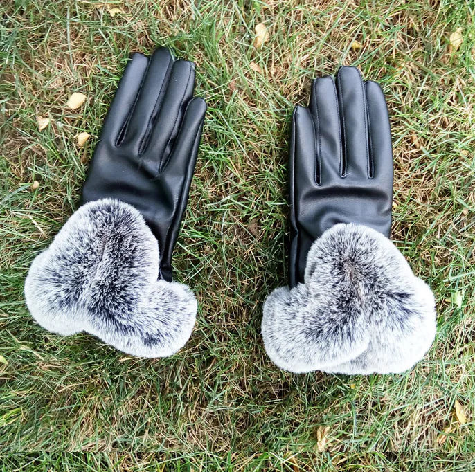 Fashionable Touchscreen Leather Gloves with Faux Fur Trim