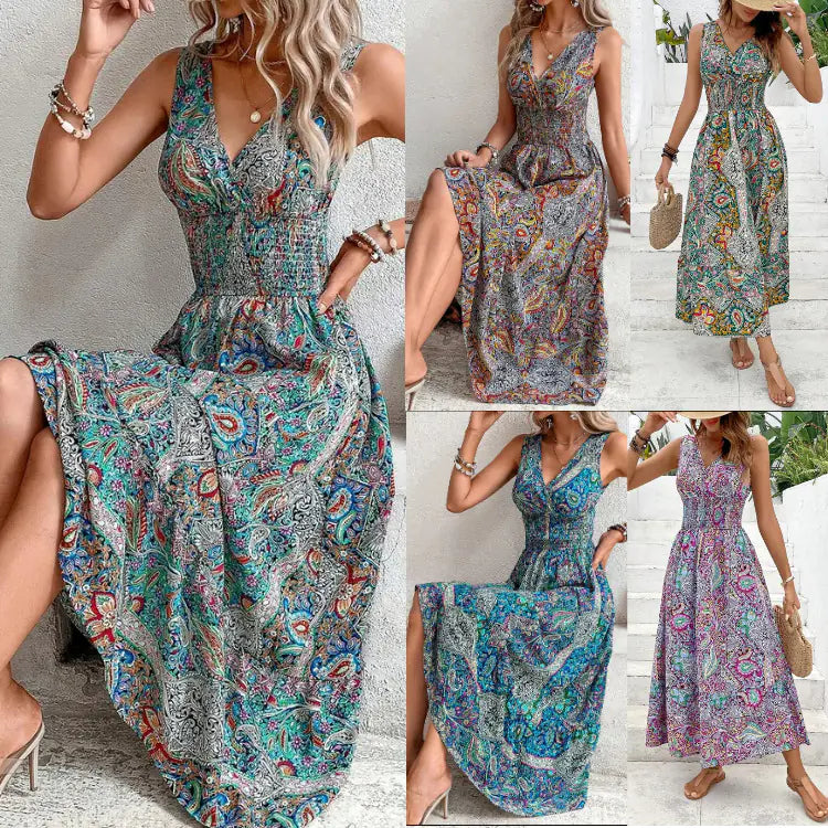 High Waist Sleeveless Bohemian Dress for Women