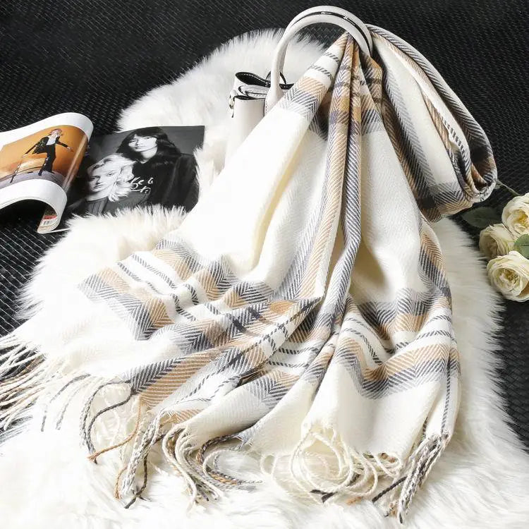 Plaid Scarf for Women - Long Fringed Double-Sided Shawl