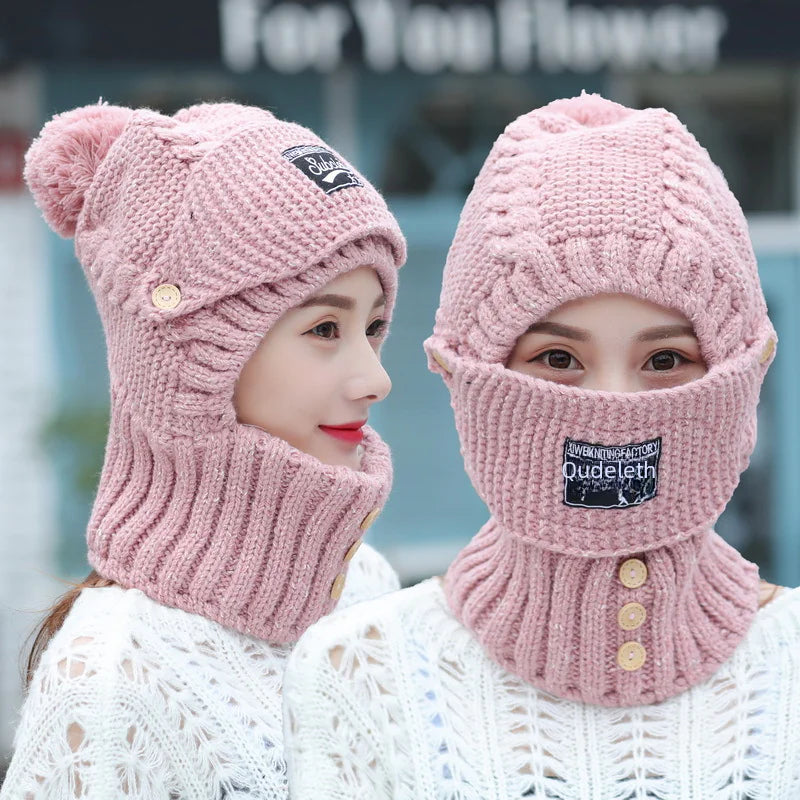 Winter Knit Ear Protection Hat with Mask and Neck Warmer
