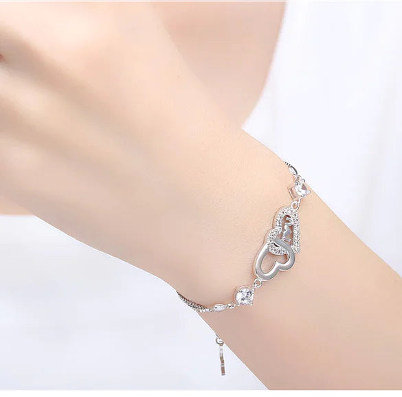 925 Sterling Silver Double Heart Bracelet with Crystals β Romantic Jewelry Gift for Her