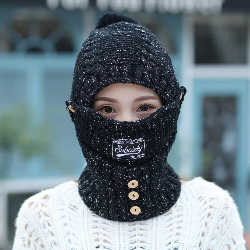 Winter Knit Ear Protection Hat with Mask and Neck Warmer