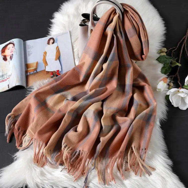 Plaid Scarf for Women - Long Fringed Double-Sided Shawl