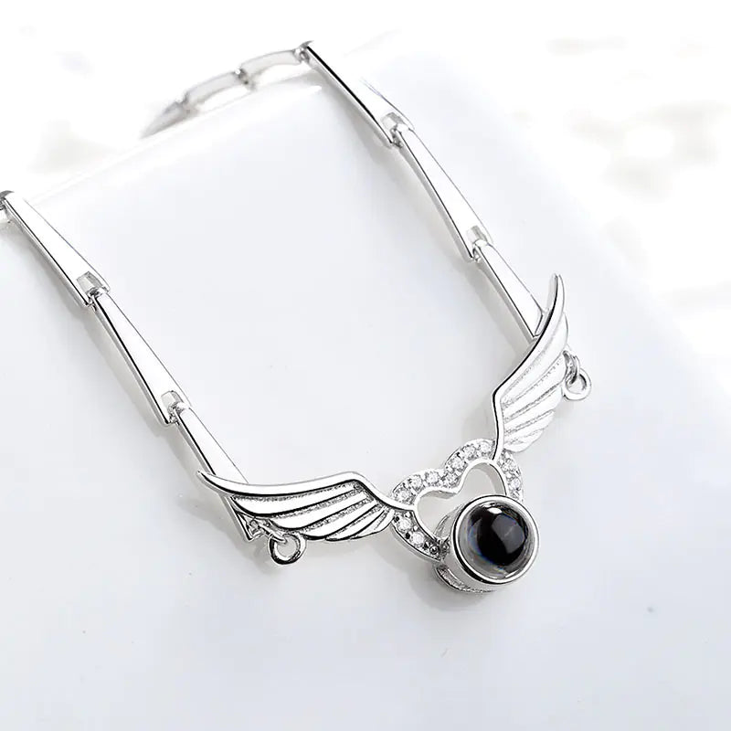 S925 Sterling Silver Angel Wings Projection Bracelet β Heart Charm with Custom Photo or Message