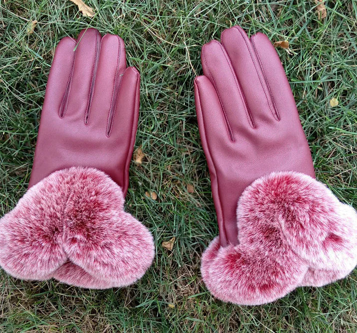 Fashionable Touchscreen Leather Gloves with Faux Fur Trim