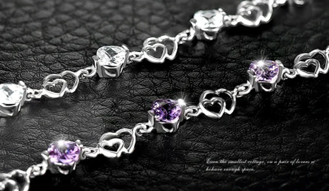 925 Sterling Silver Double Heart Bracelet with Amethyst – Romantic Crystal Jewelry for Women
