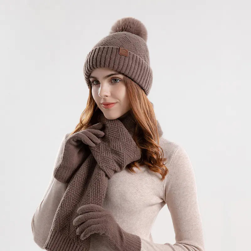 Women's Winter Knitted Wool Hat Scarf Glove Set (3 Pieces)