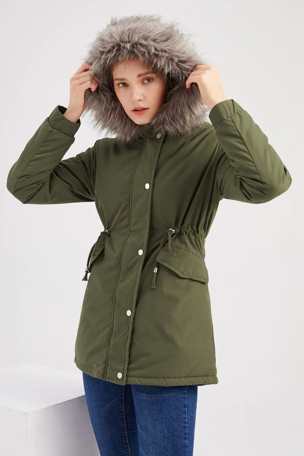 Hooded Cotton Jacket with Removable Fur Lining for Women