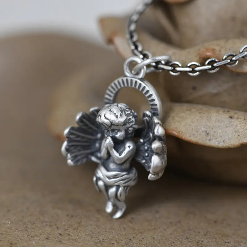 S925 Silver Vintage Angel Pendant Necklace for Women