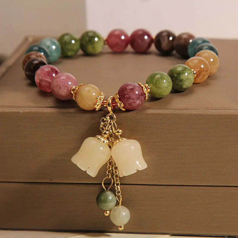 Natural Color Tourmaline Bracelet with Lily Pendant – Elegant Healing Jewelry for Women
