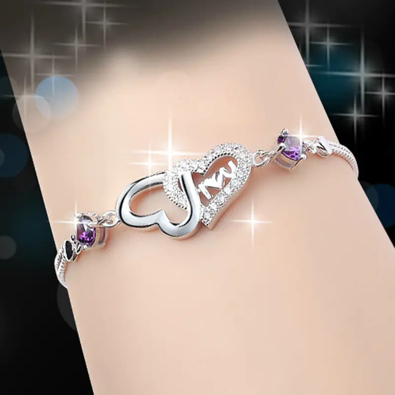925 Sterling Silver Double Heart Bracelet with Crystals β Romantic Jewelry Gift for Her
