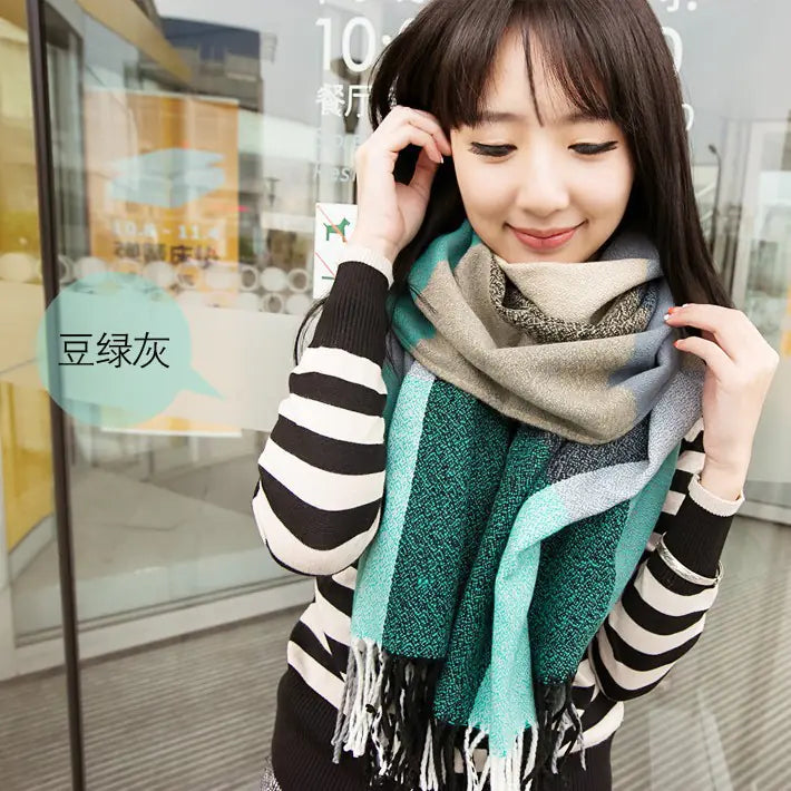 Winter Plaid Scarf for Women - Long Fringe Shawl