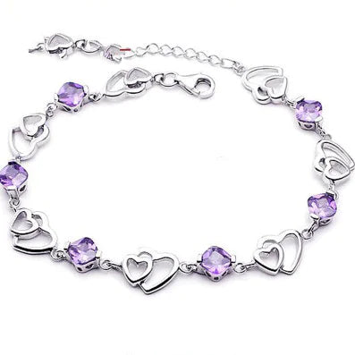 925 Sterling Silver Double Heart Bracelet with Amethyst – Romantic Crystal Jewelry for Women