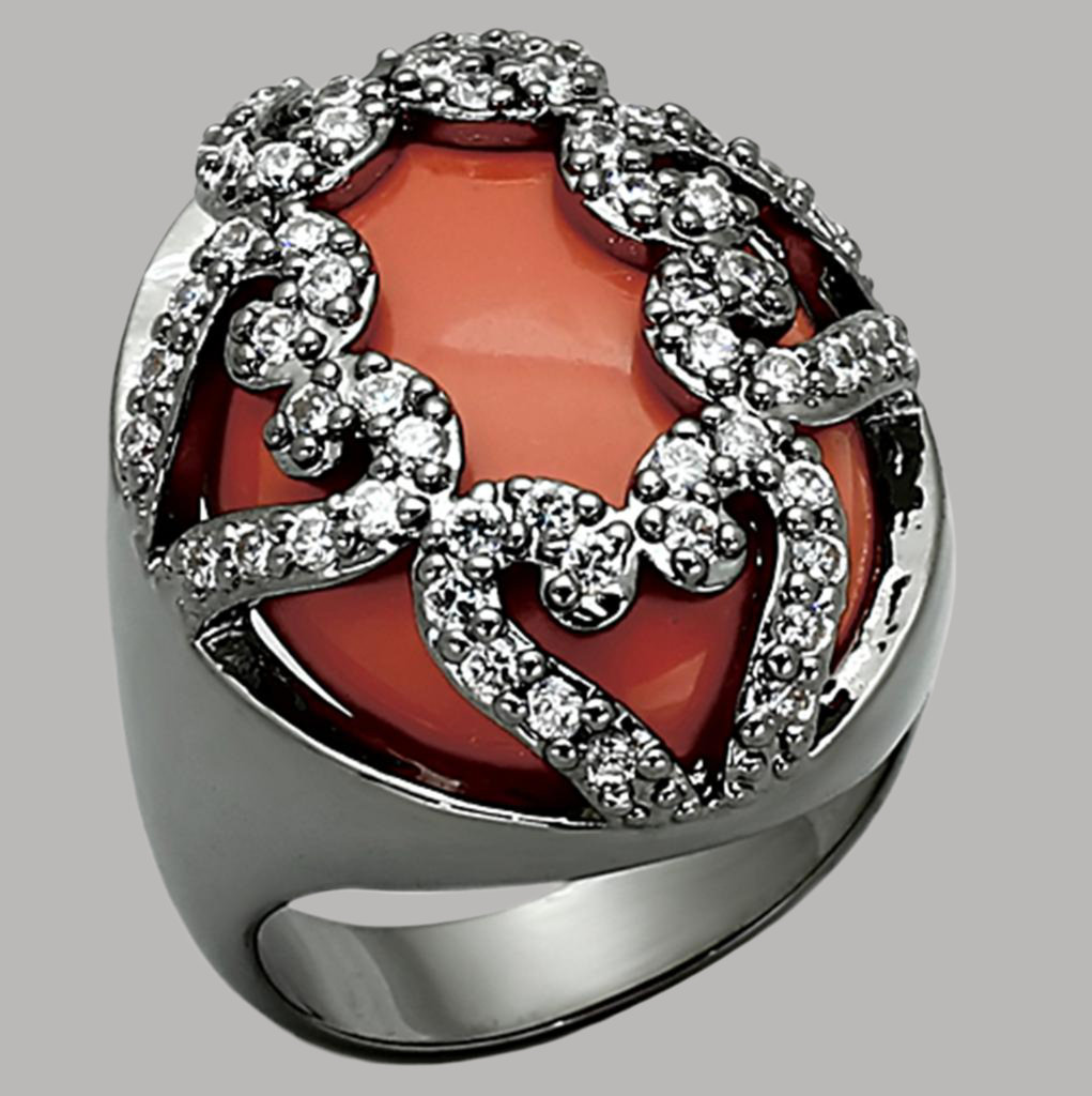 LOA886 – Ruthenium-Plated Brass Ring with Orange Synthetic Cat Eye Stone