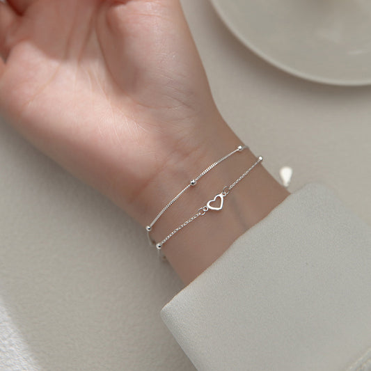 S925 Sterling Silver Double Layer Heart Bracelet – Dainty Layered Jewelry for Women