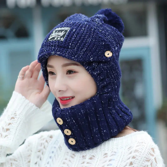 Winter Knit Ear Protection Hat with Mask and Neck Warmer