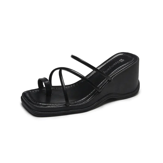 Platform Strappy Slip-On Sandal with Toe Strap Detail