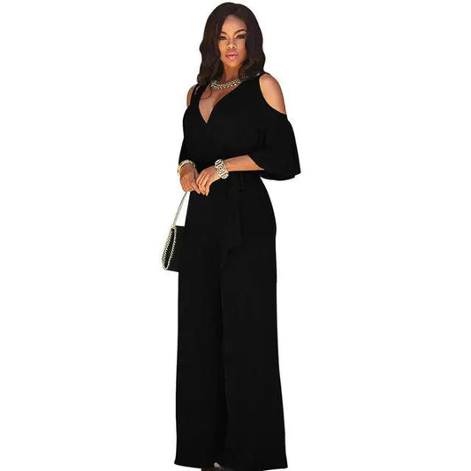 Solid Color Deep V Short Sleeve Jumpsuit with Belt