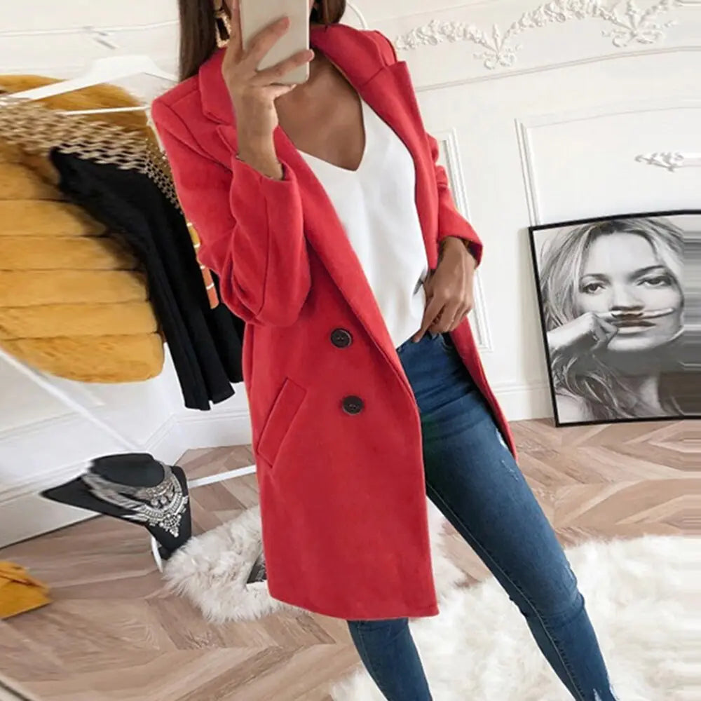 Elegant Long Wool Blend Coat with Buttons for Women