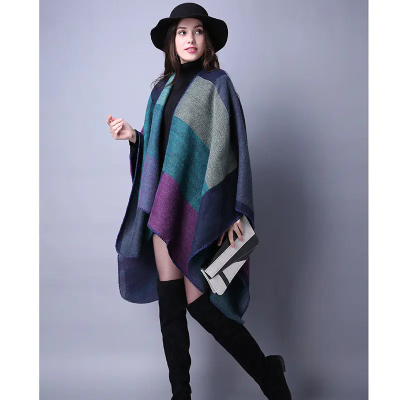 Plaid Scarf Shawl for Women - Thick Ethnic Cape