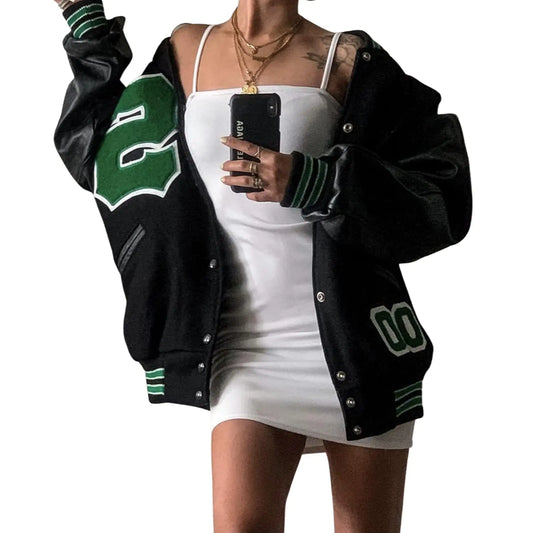 Women’s Oversized Y2K Bomber Jacket – Casual Boyfriend Varsity Baseball Coat