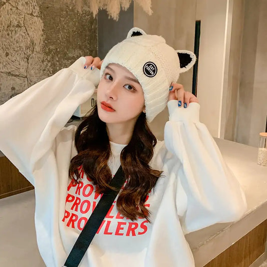 Cute Fleece Lined Woolen Cat Ears Cap for Women