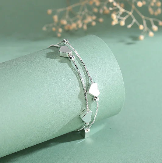 S925 Sterling Silver Double Layer Bracelet – Dainty Heart Charm Jewelry for Women