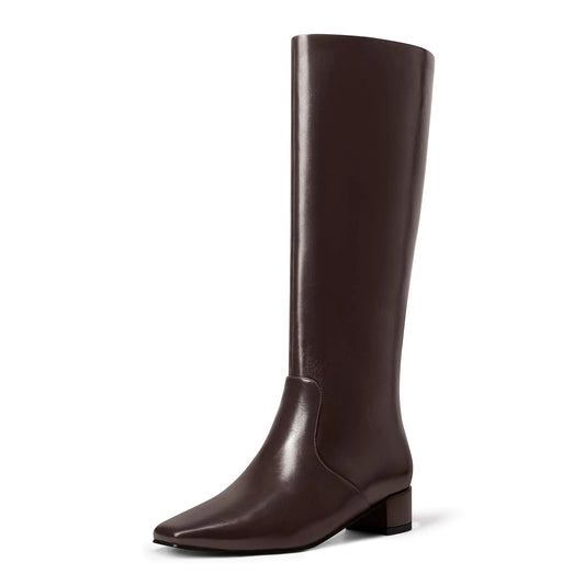 MUCCCUTE Knee High Boots - Chocolate Brown Boots for Women Square Toe Chunky Heels Tall Boots Pull-On PU Low Block Heel Long Boot Size 9