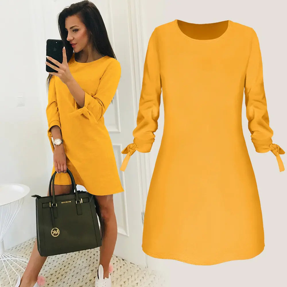 Solid Color Casual Dress with O-Neck and Tie Detail