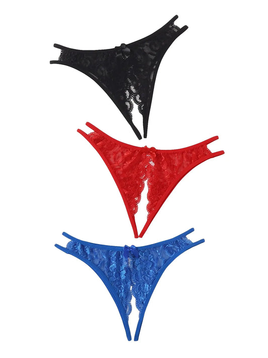 Milumia Women Sexy Panties Pack Crotchless Lingerie Cheeky Naughty Thongs Underwear Set Black Red Blue Large
