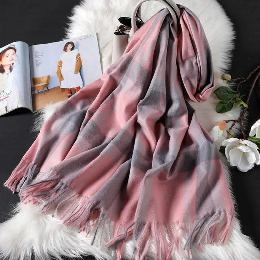 Plaid Scarf for Women - Long Fringed Double-Sided Shawl