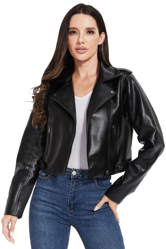 Women’s Faux Leather Jacket – Black Cropped Moto Biker Bomber Blazer Coat XL