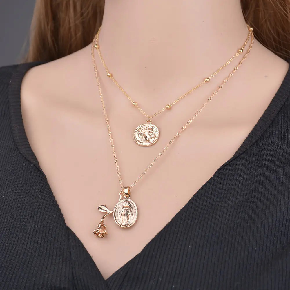 Vintage Geometric Rose Jesus Pendant Necklace for Women