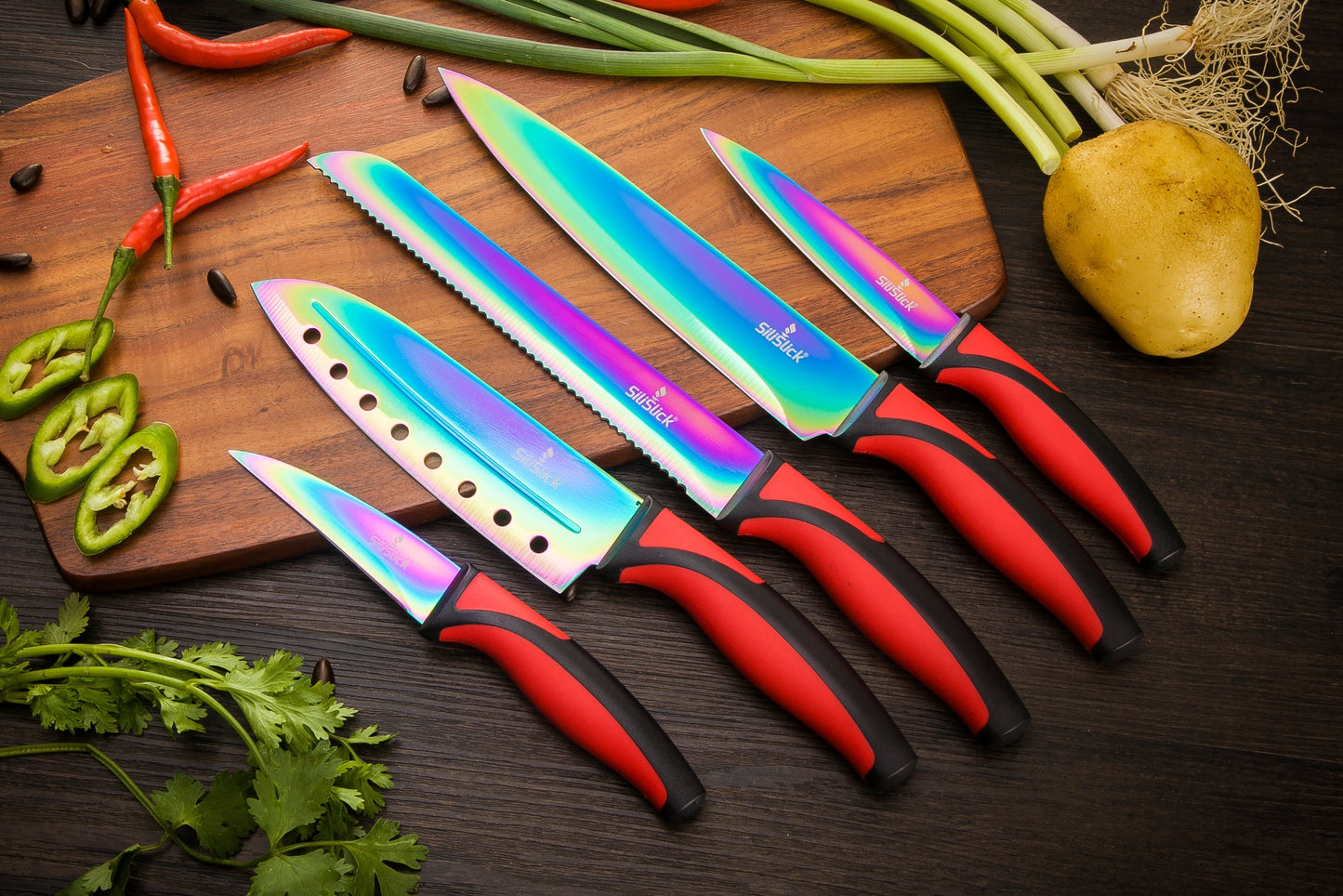 5-Piece Kitchen Knife Set – Red Handle + Magnetic Black Holder | Chef, Santoku & Utility