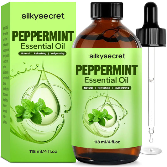 SilkySecret Peppermint Essential Oil (4 Fl Oz) Mint Oil for Hair Care Skin Massage Aromatherapy and Sprays Relieves Muscle Pain Refreshes