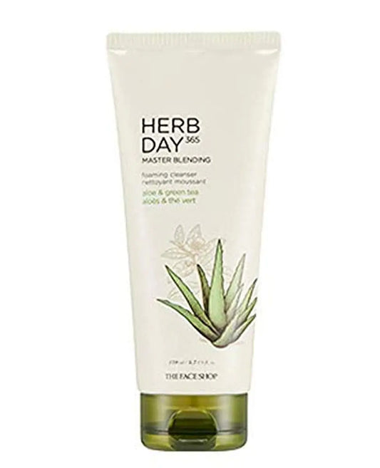The Face Shop Herb Day 365 Master Blending Cleansing Foam Aloe & Green Tea Face Cleanser - Moisturizing Hydrating Soothing Face Wash - Korean Skin Care Facial Cleanser - Suitable for All Skin Types