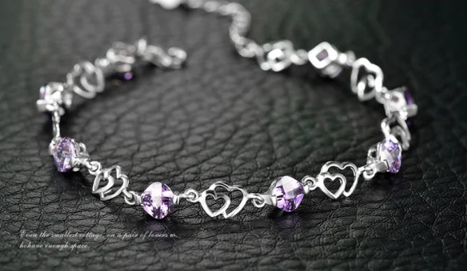 925 Sterling Silver Double Heart Bracelet with Amethyst – Romantic Crystal Jewelry for Women