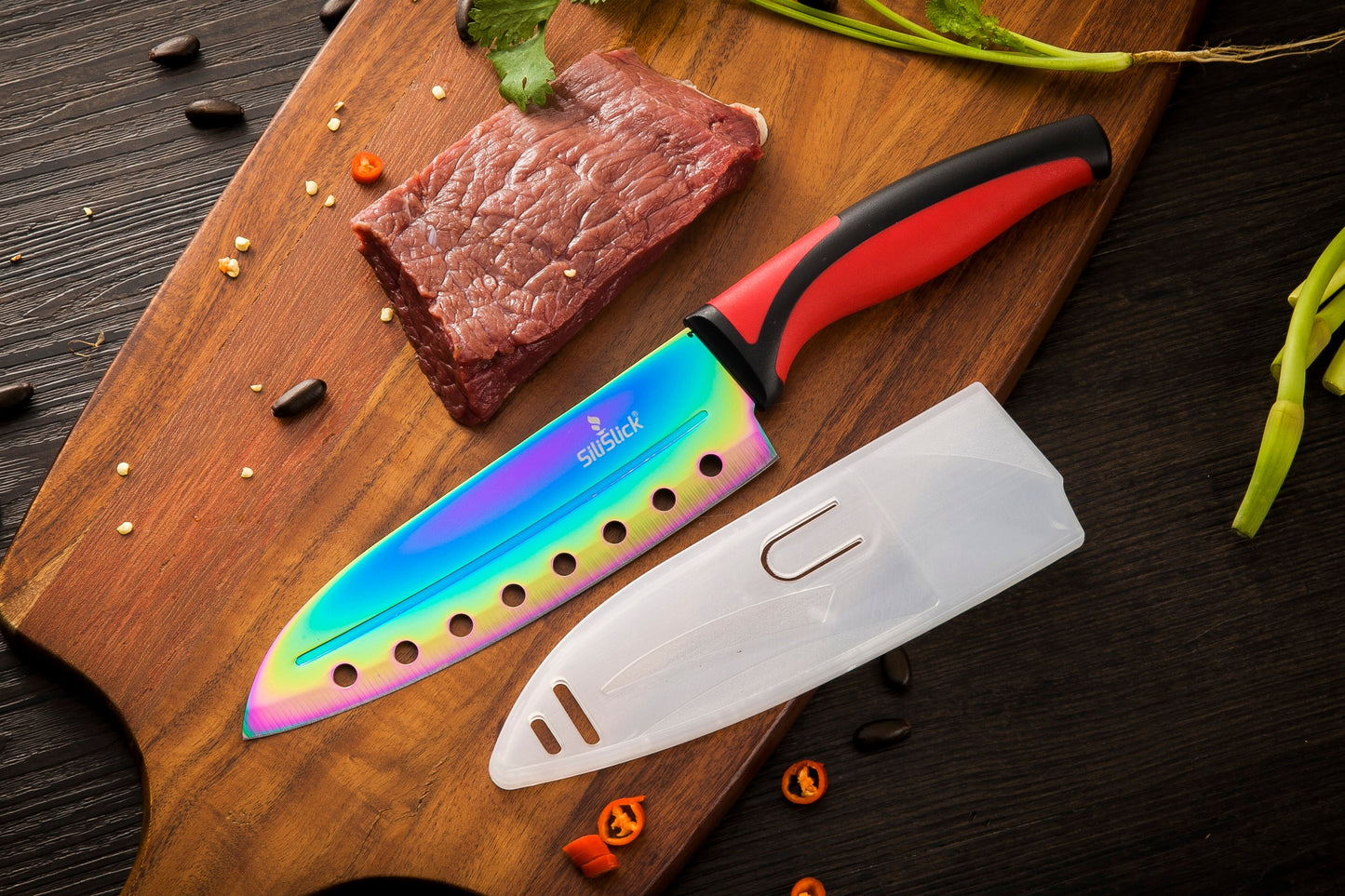 5-Piece Kitchen Knife Set – Red Handle + Magnetic Black Holder | Chef, Santoku & Utility